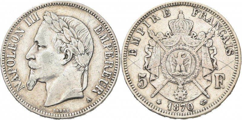 Frankreich: Napoleon III. 1852-1870: 5 Francs 1870 A, Paris. KM# 799.1, Gadoury ...