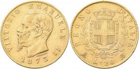 Italien: Vittorio Emanuele II. 1861-1878: 20 Lire 1873 M BN, KM# 10.3, Friedberg 11. 6,45 g, 900/1000 Gold. Kratzer, sehr schön.
 [zzgl. 0 % MwSt.]