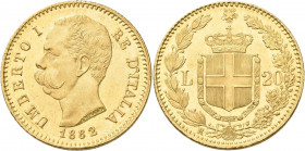 Italien: Umberto I. 1878-1900: 20 Lire 1882 R - Rom, KM# 21, Friedberg 21. 6,44 g, 900/1000 Gold. Feine Kratzer, sehr schön+.
 [zzgl. 0 % MwSt.]