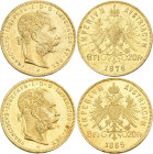 Österreich: Franz Joseph I. 1848-1916: 8 Florin / 20 Francs 1876, 1885, 1886, 1888, 1889 und 1890, KM# 2269, Friedberg 502. Je ca. 6,43 g, 900/1000 Go...