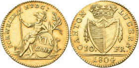 Schweiz: Luzern: 10 Franken 1804 B (hinter Wappengrund). 4,80 g. HMZ 2-667a, Friedberg 327. Sehr schön.
 [differenzbesteuert]