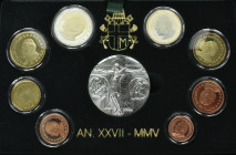Vatikan: Johannes Paul II. 1978-2005: Kursmünzensatz 2005 pp, 1 Cent bis 2 Euro, mit Silbermedaille, im Samtetui, mit Zertifikat und Umverpackung (Pap...