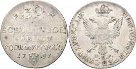 Altdeutschland und RDR bis 1800: Lübeck: 32 Schilling 1797 HDF (32 Schillinge Lübisch Courant Geld). 18,44 g. Jaeger 31, Behrens 303b. Sehr schön - vo...
