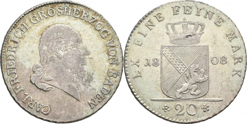 Baden: Karl Friedrich 1738-1811: 20 Kreuzer 1808 ohne B unter der Büste. 6,50 g....