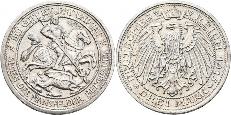 Preußen: Wilhelm II. 1888-1918: 3 Mark 1915 A, Mansfelder Bergbau, Jaeger 115. E...