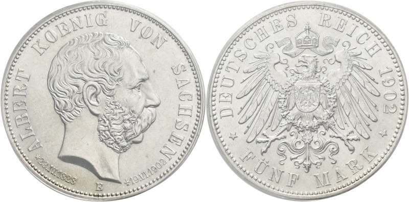 Sachsen: Albert 1873-1902: 5 Mark 1902 E, auf den Tod mit Lebensdaten, Jaeger 12...