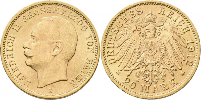 Baden: Friedrich II. 1907-1918: 20 Mark 1912 G, Jaeger 192. 7,94 g, 900/1000 Gol...