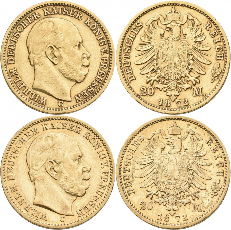 Preußen: Wilhelm I. 1861-1888: 20 Mark 1872 C (3x), 1873 B und 1873 C. Jaeger 24...