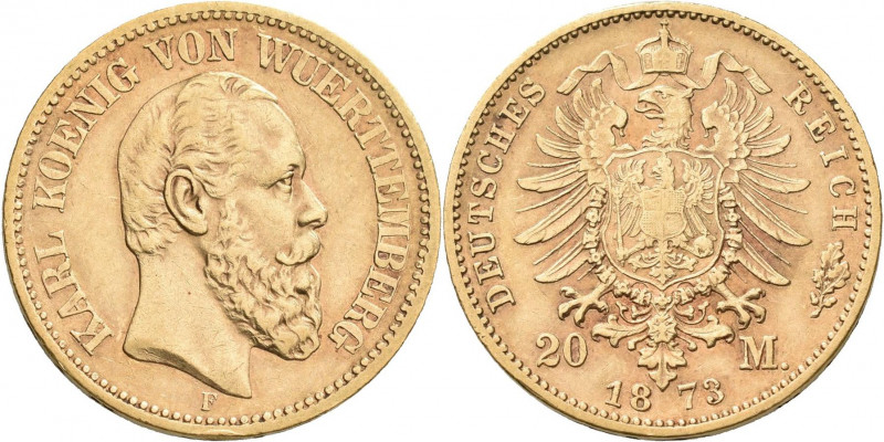 Württemberg: Karl 1864-1891: 20 Mark 1873 F, Jaeger 290. 7,90 g, 900/1000 Gold. ...