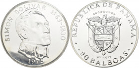 Panama: 20 Balboas 1975, Simon Bolivar. 129,59 g, 925/1000 Silber. KM# 31. In Kapsel, polierte Platte.
 [differenzbesteuert]