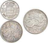 Monaco: Rainer III. 1949-2005: 4 Münzen-Set in Piedfort/Essai 1950 zu 10, 20, 50 und 100 Francs. (Probe Satz in Silber), Auflage je nur 450 Stück !! K...