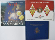Euromünzen: Kleinstaaten Lot: 3 x offizieller Kursmünzensatz (KMS) aus Vatikan 2002, San Marino 2002 und Monaco 2001. Sehr selten!
 [differenzbesteue...