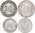 Umlaufmünzen 1 Pf. - 1 Mark: Partie von 4 Münzen des Kaiserreiches, dabei: 20 Pfennig 1876 F (J. 5), 20 Pfennig 1887 A (J. 6), 25 Pfennig 1910 A (J. 1...