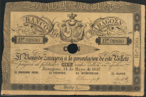 100 Reales. 14 de Mayo de 1857. Banco de Zaragoza. Serie A. Con taladro y sin firmas. (Edifil 2021: 127A). MBC+.