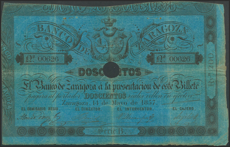 200 Reales. 14 de Mayo de 1857. Banco de Zaragoza. Serie B. Con taladro y sin fi...