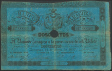 200 Reales. 14 de Mayo de 1857. Banco de Zaragoza. Serie B. Con taladro y sin firmas. (Edifil 2021: 127A). MBC+.