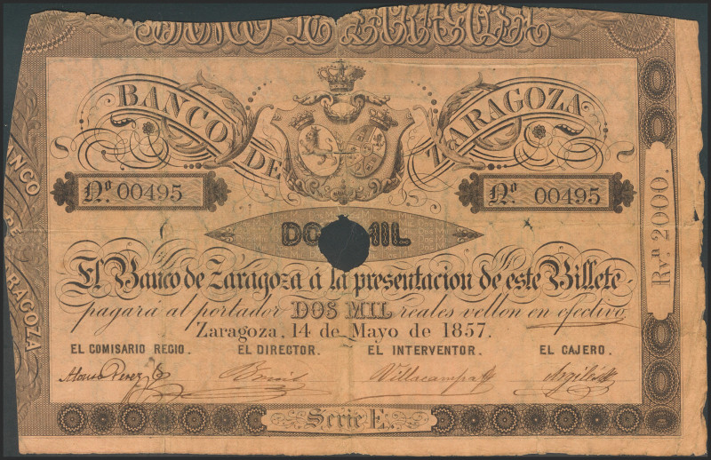 2000 Reales. 14 de Mayo de 1857. Banco de Zaragoza. Serie E. Con taladro y sin f...