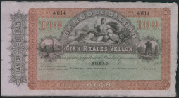 100 Reales. 21 de Agosto de 1857. Banco de Bilbao. Serie F. Sin firmas y con numeración. (Edifil 2021: 143). SC-.