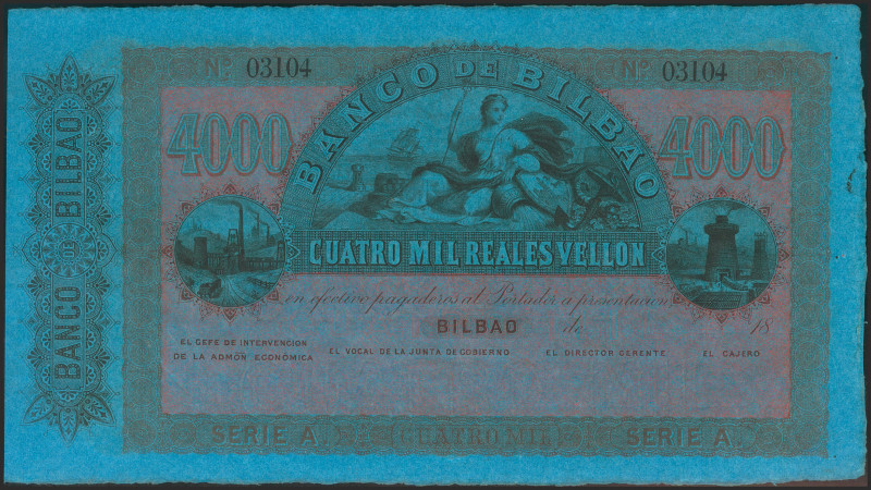4000 Reales. 21 de Agosto de 1857. Banco de Bilbao. Serie A. Sin firmas y con nu...