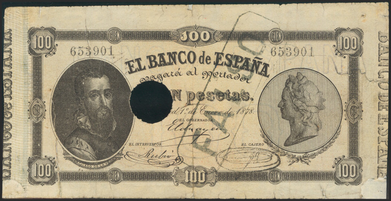 100 Pesetas. 1 de Enero de 1878. FALSO DE EPOCA, marca FALSO en anverso (este ej...