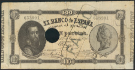 100 Pesetas. 1 de Enero de 1878. FALSO DE EPOCA, marca FALSO en anverso (este ejemplar fue descubierto por la administración y firmas al dorso. Sin se...