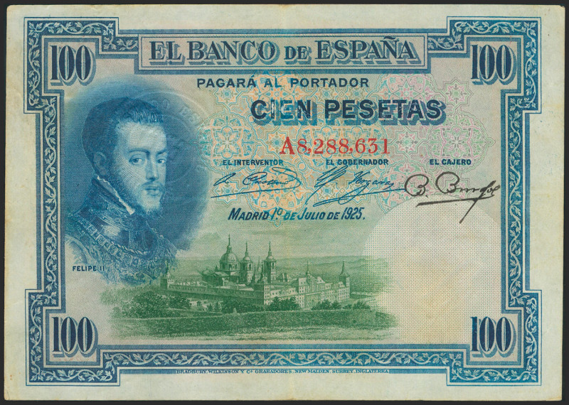 100 Pesetas. 1 de Julio de 1925. Serie A y sello en seco ESTADO / ESPAÑOL. (Edif...