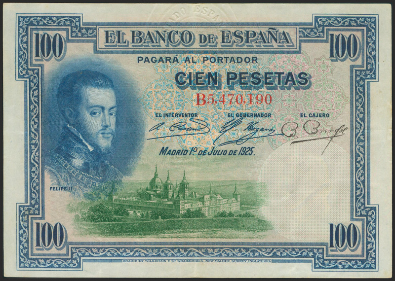 100 Pesetas. 1 de Julio de 1925. Serie B y sello en seco ESTADO / ESPAÑOL. (Edif...