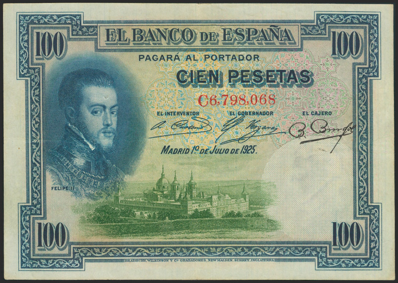 100 Pesetas. 1 de Julio de 1925. Serie C y sello en seco ESTADO / ESPAÑOL. (Edif...