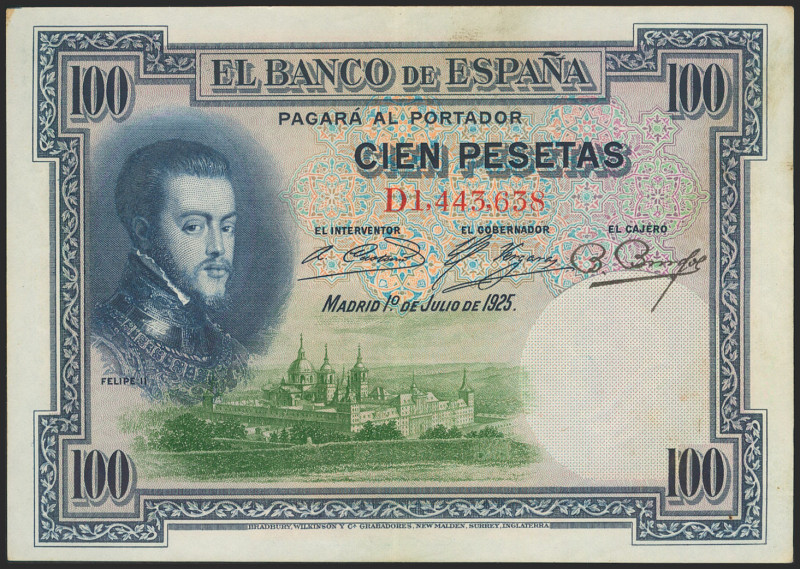 100 Pesetas. 1 de Julio de 1925. Serie D y sello en seco ESTADO / ESPAÑOL. (Edif...