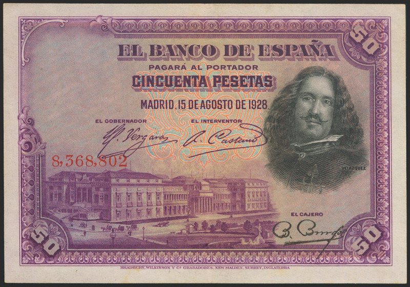 50 Pesetas. 15 de Agosto de 1928. Sin serie. (Edifil 2021: 329). Conserva gran p...