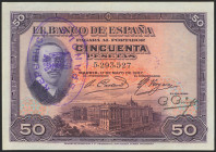 50 Pesetas. 17 de Mayo de 1927. Sin serie y sello de caucho REPUBLICA / ESPAÑOLA. (Edifil 2021: 332). EBC-.