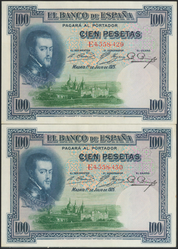 100 Pesetas. 1 de Julio de 1925. Pareja correlativa. Serie E. (Edifil 2021: 350)...