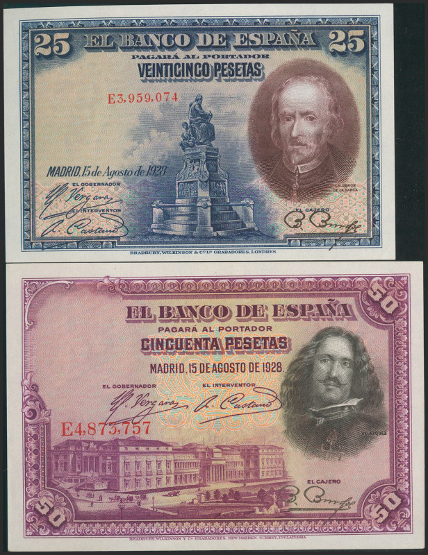 Conjunto de 2 billetes de 25 Pesetas y 50 Pesetas, emitidos el 15 de Agosto de 1...