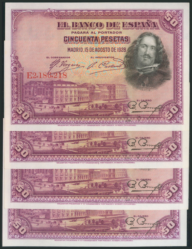 50 Pesetas. 15 de Agosto de 1928. 4 billetes correlativos. Serie E. (Edifil 2017...