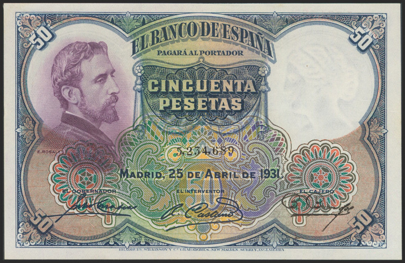 50 Pesetas. 25 de Abril de 1931. Sin serie. (Edifil 2017: 359). Conserva todo su...