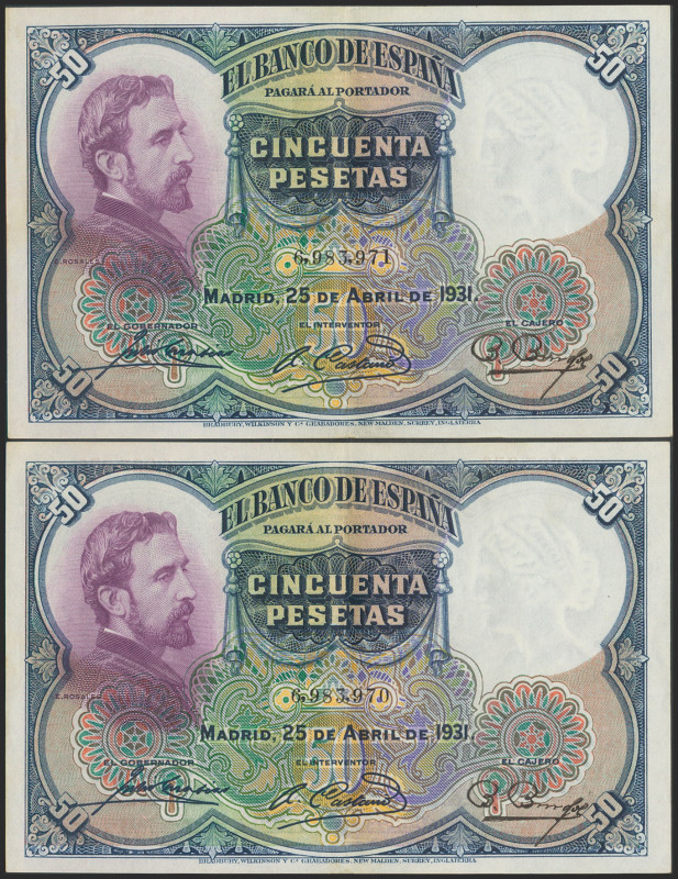 50 Pesetas. 25 de Abril de 1931. Pareja correlativa. Sin serie. (Edifil 2021: 35...