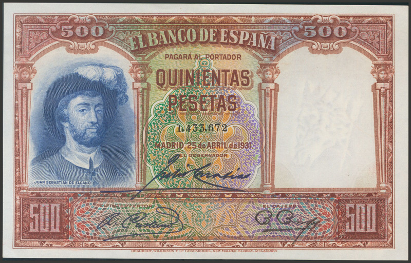 500 Pesetas. 25 de Abril de 1931. Sin serie. (Edifil 2017: 361). Conserva parte ...