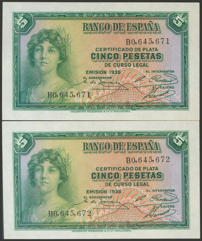 5 Pesetas. 1935. Certificado de Plata. Pareja correlativa. Serie B. (Edifil 2017...