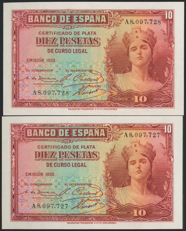 10 Pesetas. 1935. Pareja correlativa. Certificado de Plata. Serie A. (Edifil 202...