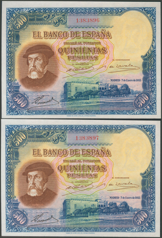 500 Pesetas. 7 de Enero de 1935. Pareja correlativa. Sin serie. (Edifil 2017: 36...