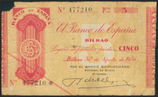 5 Pesetas. 30 de Agosto de 1936. Sucursal de Bilbao. Antefirma Banco Guipuzcoano. Sin serie. (Edifil 2021: 369h). BC+.