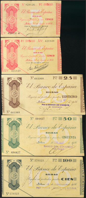 Conjunto completo de los 4 billetes de 5 Pesetas (sin serie y con la serie A), 2...