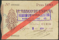 100 Pesetas. 5 de Noviembre de 1936. Sucursal de Gijón. Sin serie. (Edifil 2021: 384). MBC+.