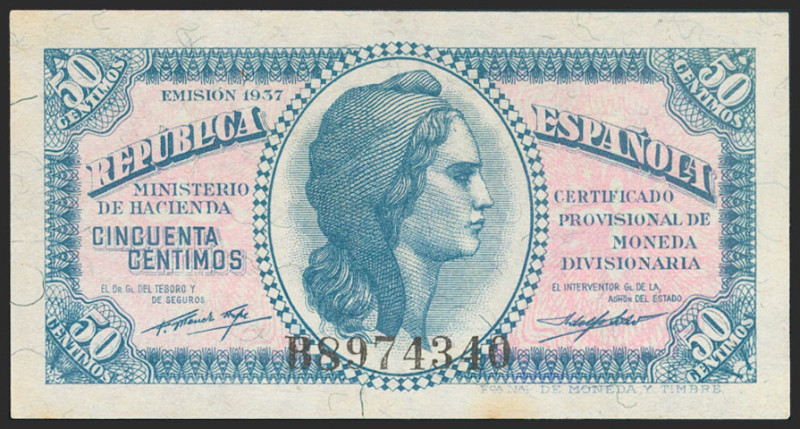 50 Céntimos. 1937. Ministerio de Hacienda. Serie B. (Edifil 2021: 391). Apresto ...