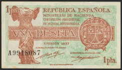 1 Peseta. 1937. Ministerio de Hacienda. Serie A. (Edifil 2021: 392). Apresto original. SC-.
