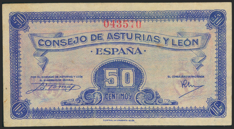 50 Céntimos. 1937. Asturias y León. Sin serie. (Edifil 2021: 396). Conserva gran...