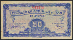 50 Céntimos. 1937. Asturias y León. Sin serie. (Edifil 2021: 396). Conserva gran parte de su apresto original. EBC+.