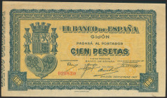 100 Pesetas. Septiembre 1937. Sucursal de Gijón. Sin serie. (Edifil 2021: 399). Presenta la casi totalidad del apresto original. EBC+.