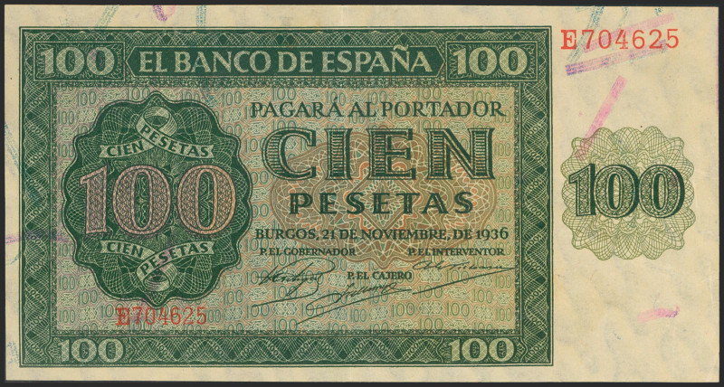 100 Pesetas. 21 de Noviembre de 1936. Serie E. (Edifil 2021: 421a). Conserva gra...