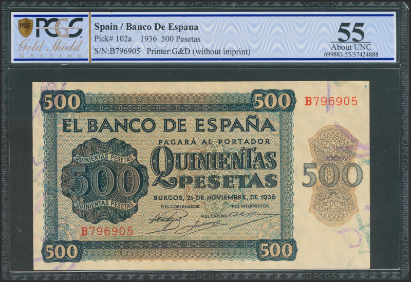 500 Pesetas. 21 de Noviembre de 1936. Serie B. (Edifil 2021: 422a). Muy raro en ...